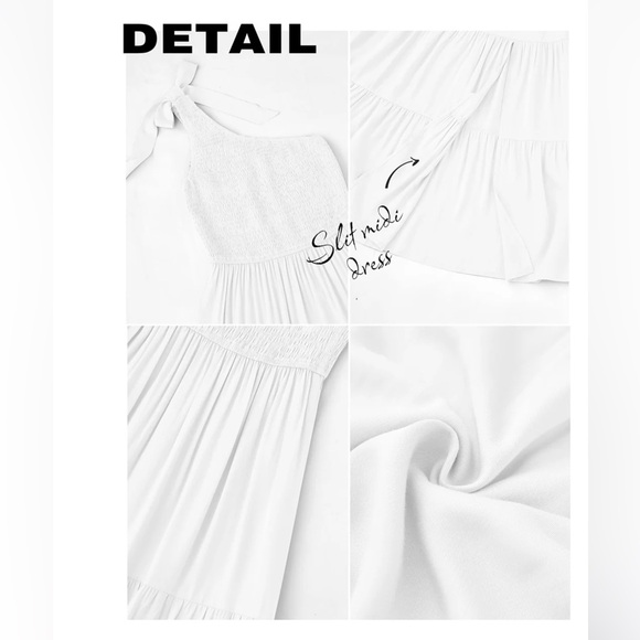 Women's Summer One Shoulder Sleeveless Knot Smocked Midi Dress Split Flowy NWT M - Picture 2 of 4